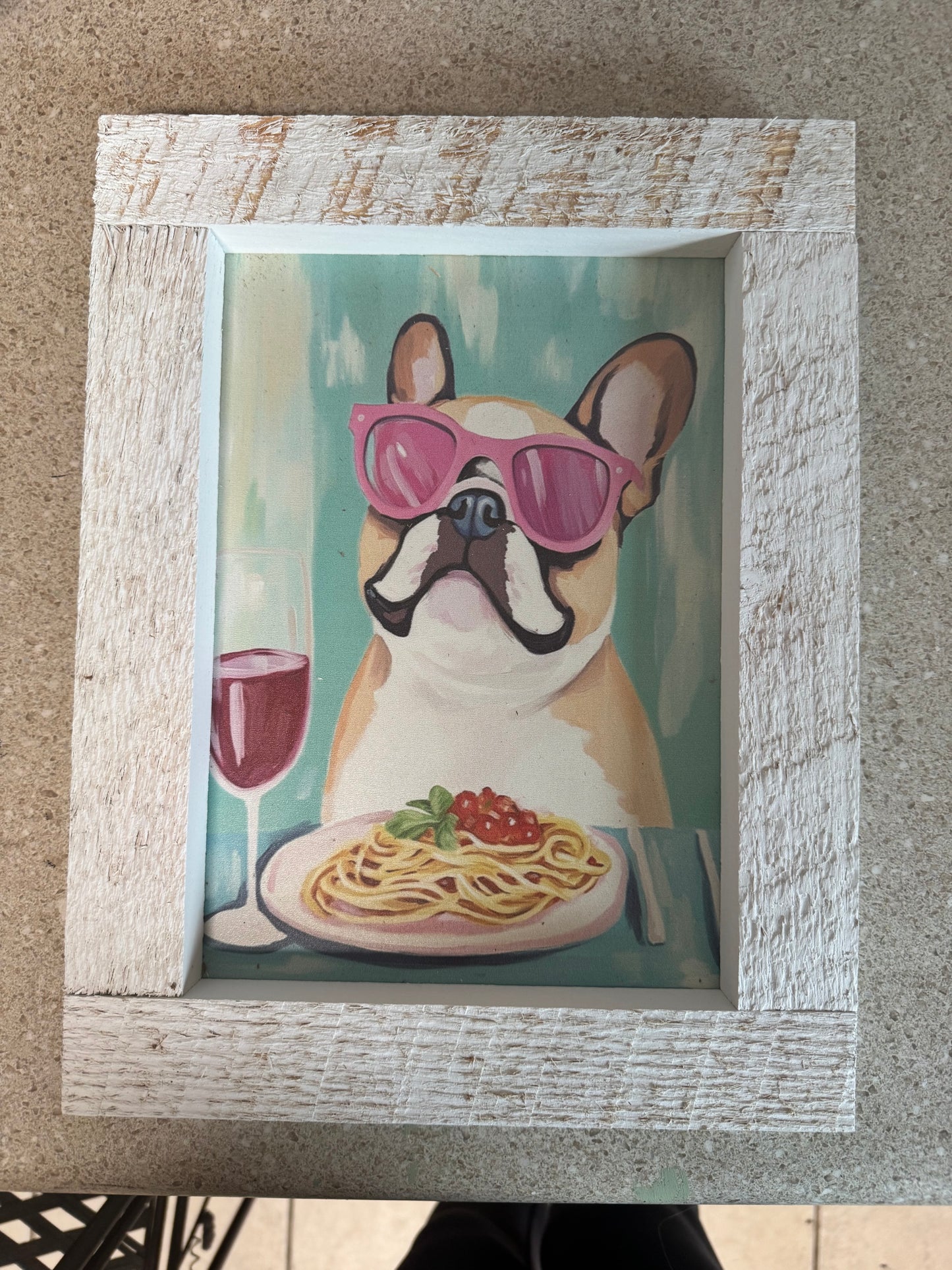 Furry friends art in whitewashed wood frame