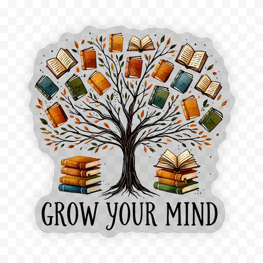 Grow Your Mind Book Clear Vinyl, Sticker, 3x3 in.