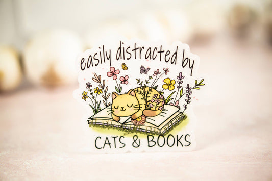 Easily Distracted By Cats & Books,  Vinyl Sticker, 3x3 in.
