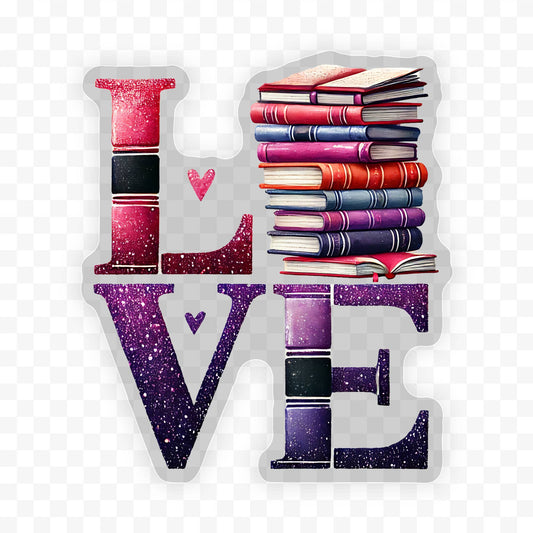 Love Book Stacked Clear Vinyl, Sticker, 3x3 in.