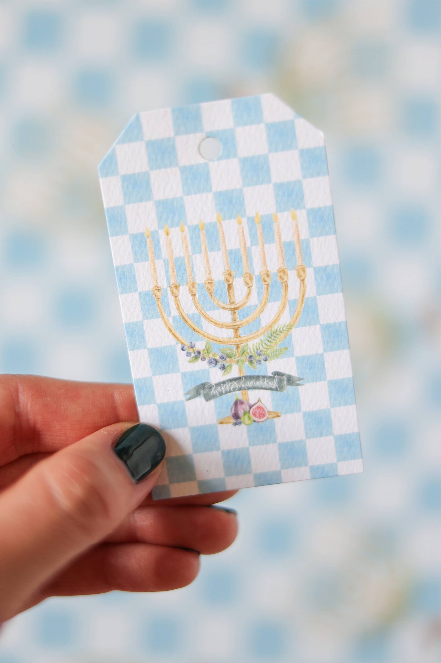 Blue checker print, menorah, Hanukkah, chic gift tag