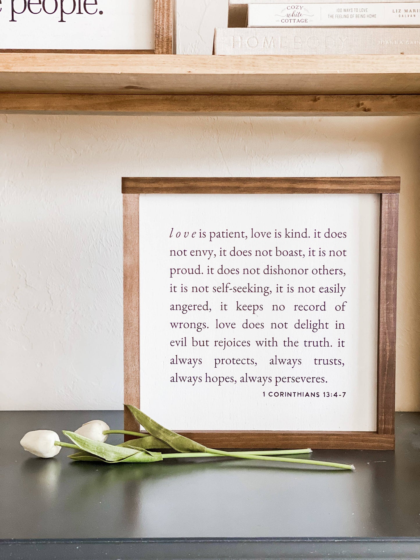 1 Corinthians 13 | Wall Art, Wall Decor, Home Decor: White / Dark Walnut / 9x9"