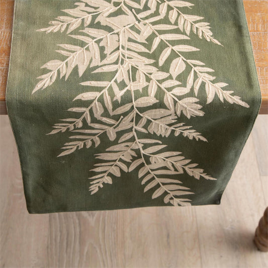 Embroidered Leafy Green Table Runner