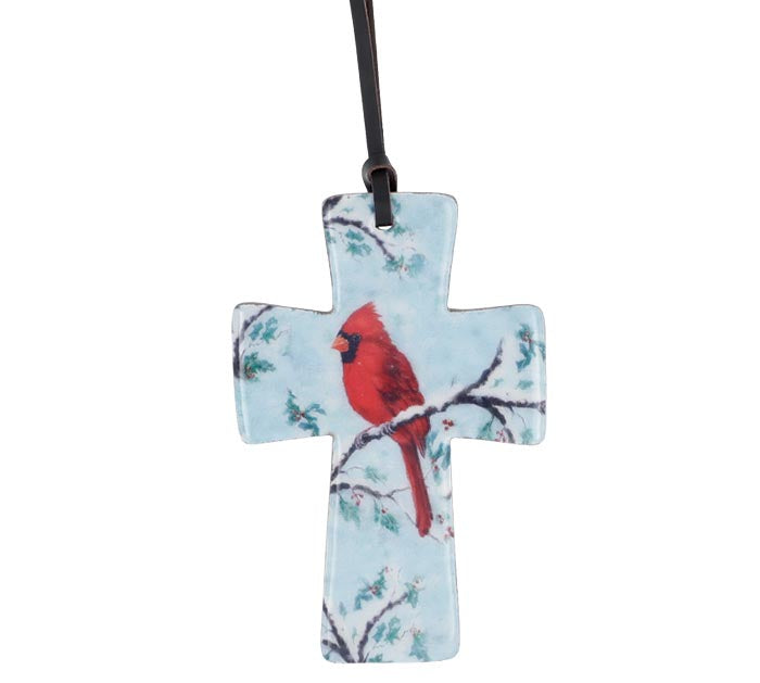 MANGO WOOD CROSS ORNAMENT WITH CARDINAL