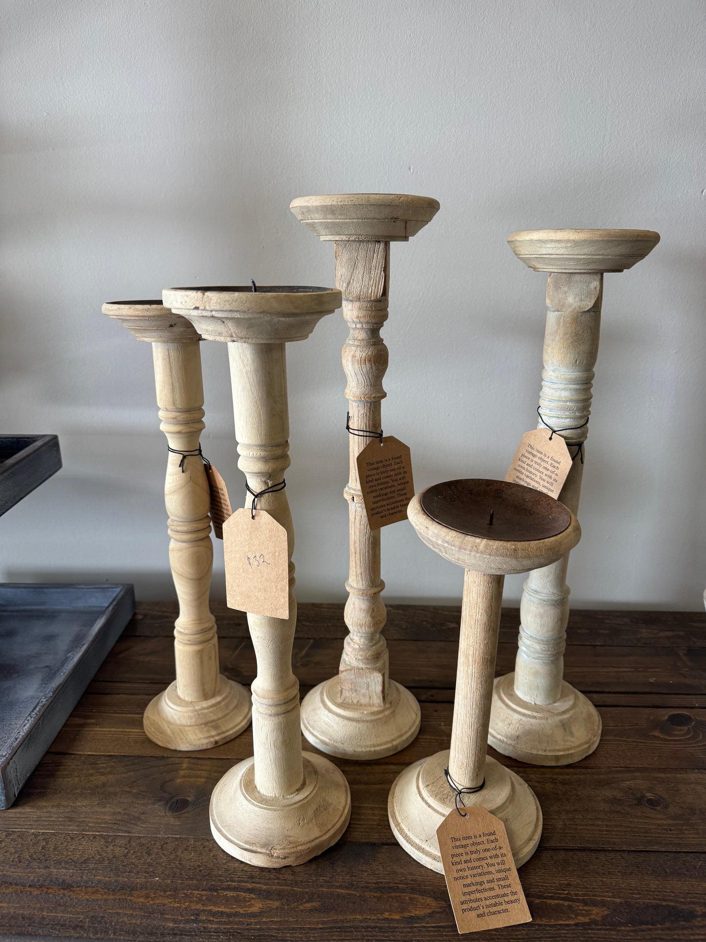 Found wood and metal candleholders