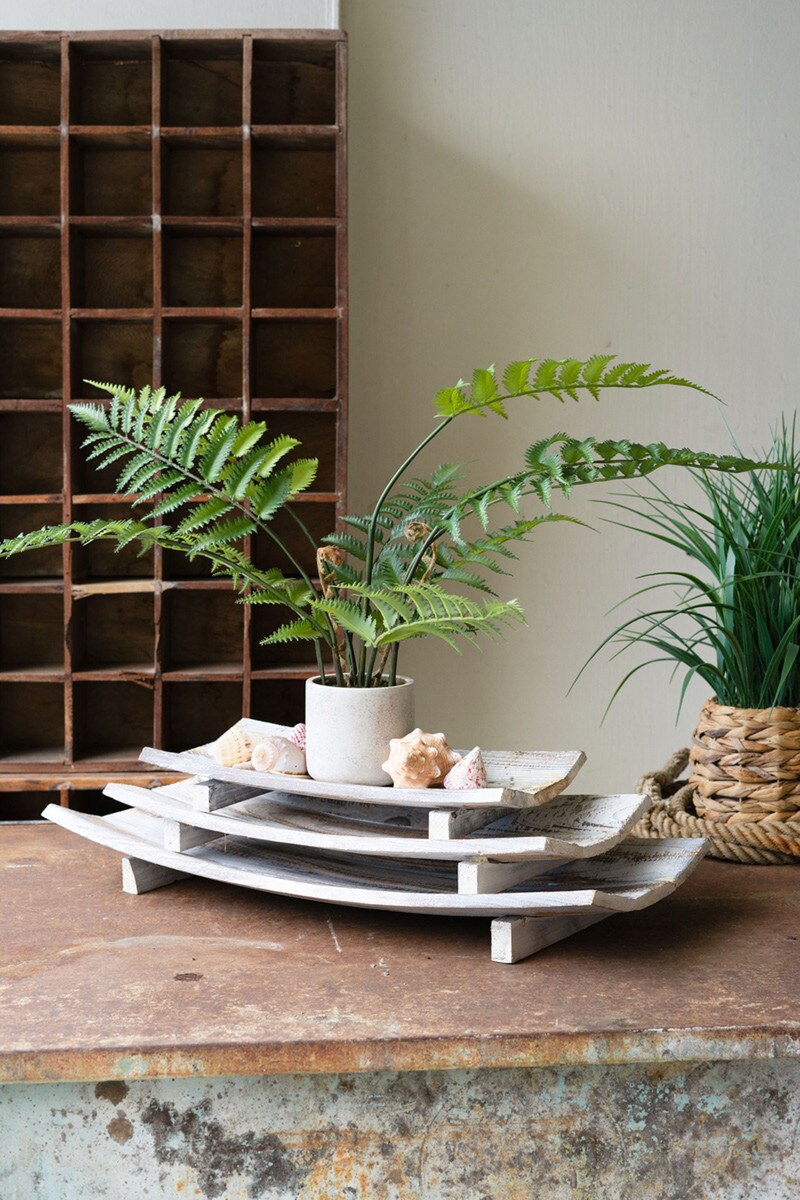 Set of 3 Rectangular Curved Wooden Bowls