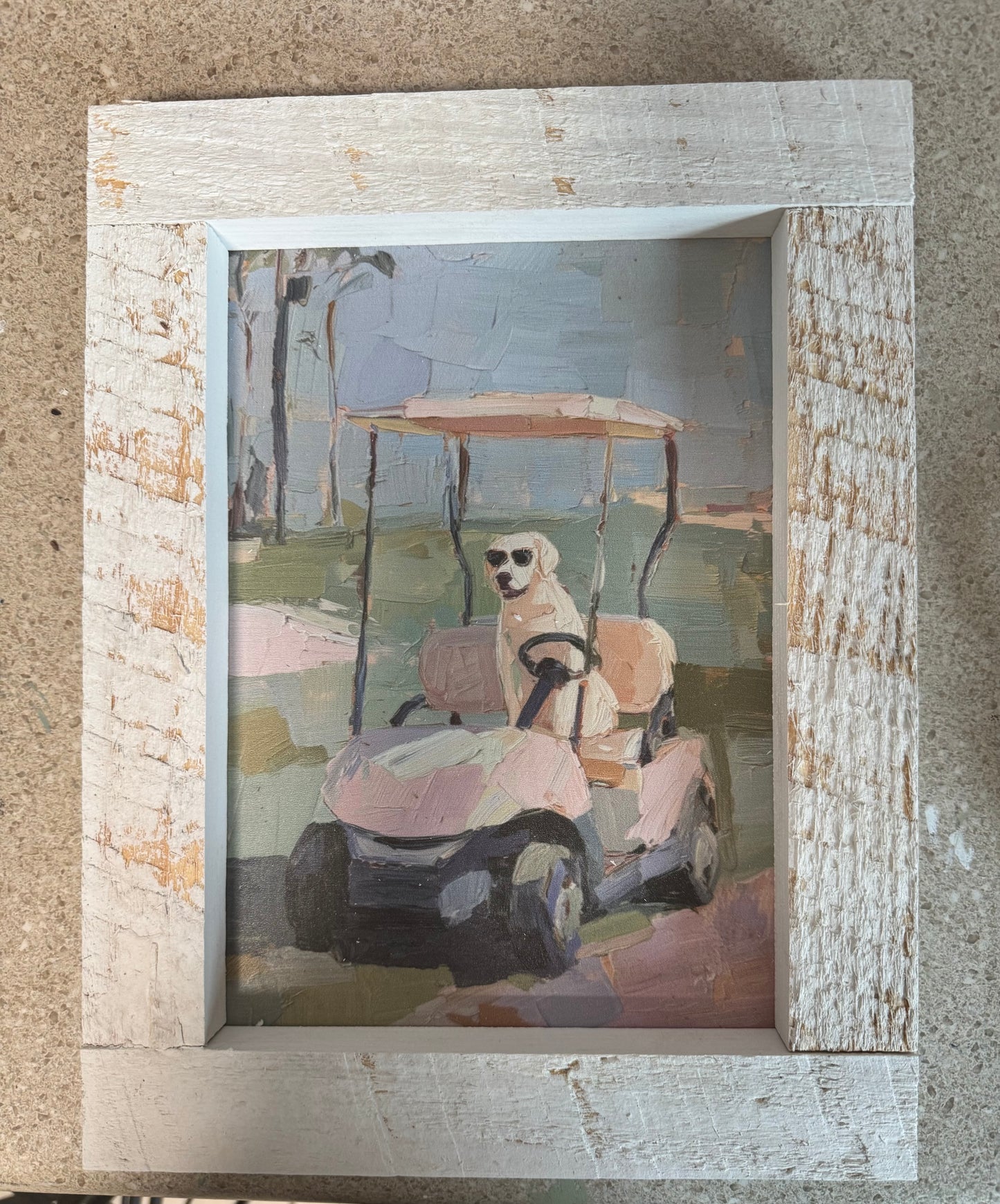 Furry friends art in whitewashed wood frame
