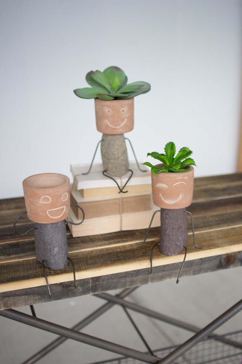 Clay and River Rock Pot Head Planters/Shelf Sitters