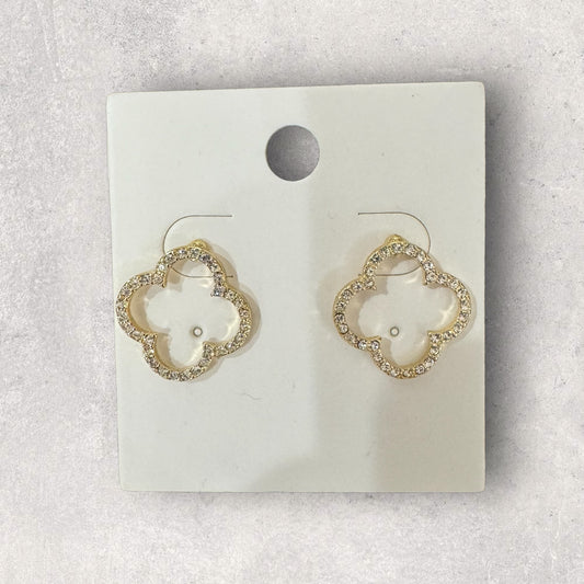 Large clover gold rhinestone earrings