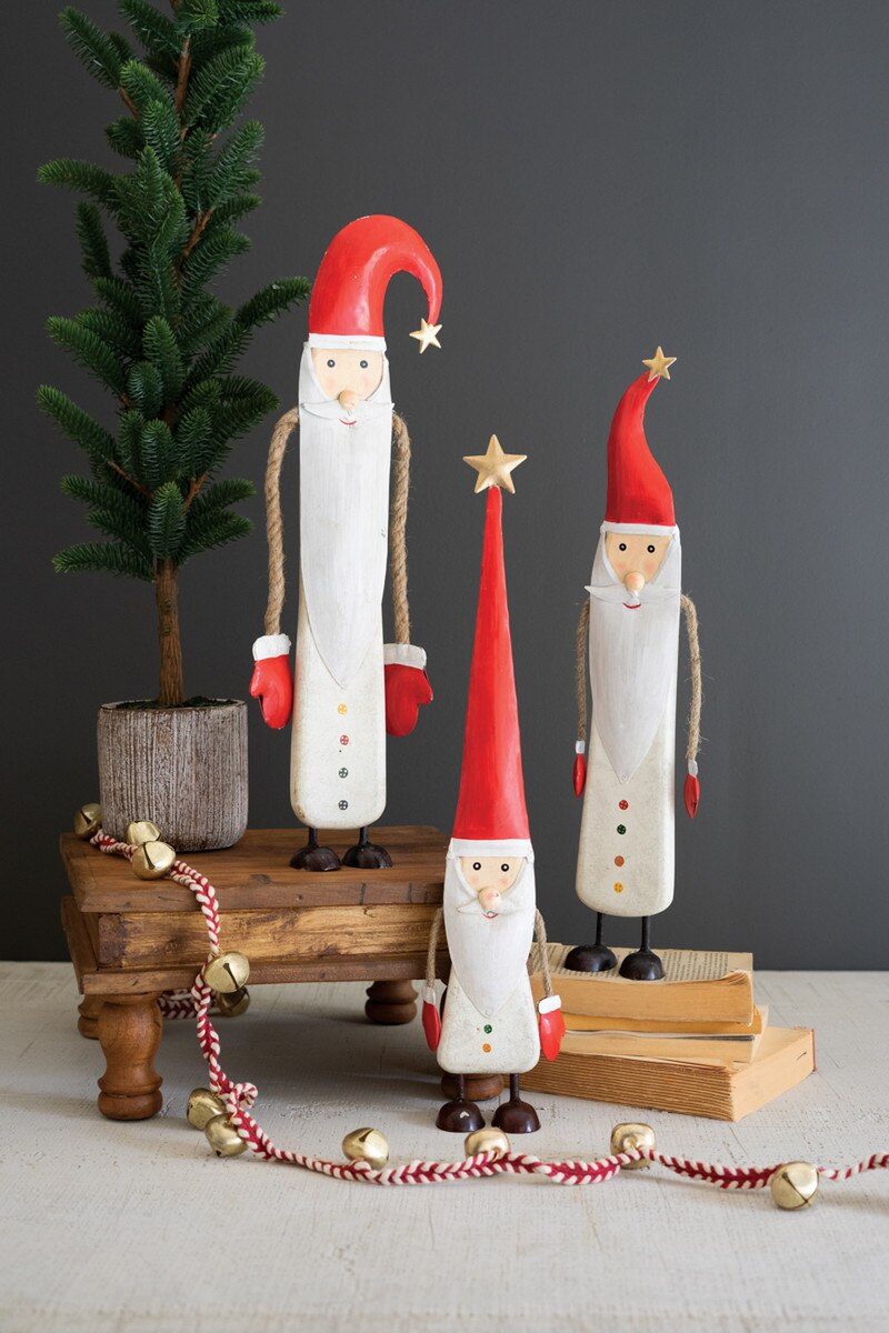 Set of 3 Painted and Metal Wood Santa’s with rope arms