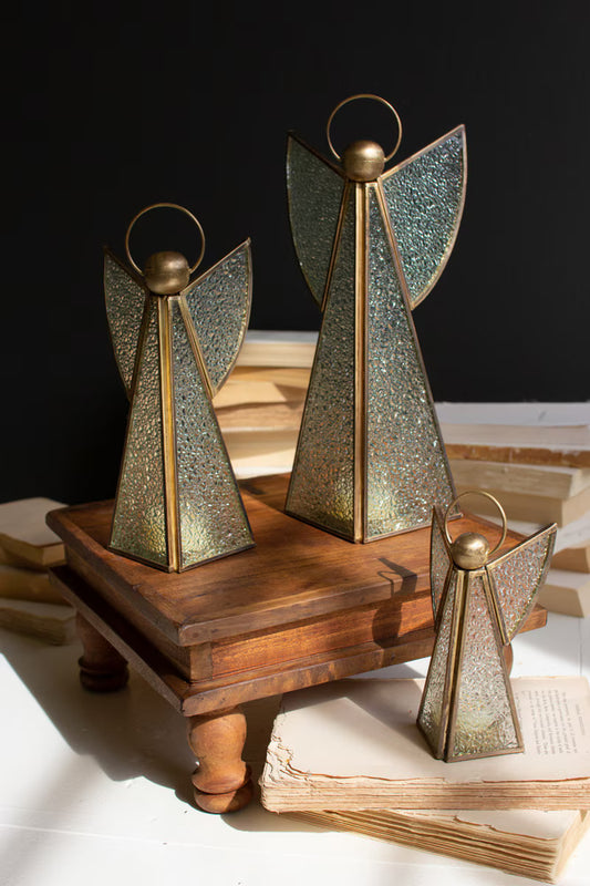 Set of 3 Antique Brass and Glass Angels