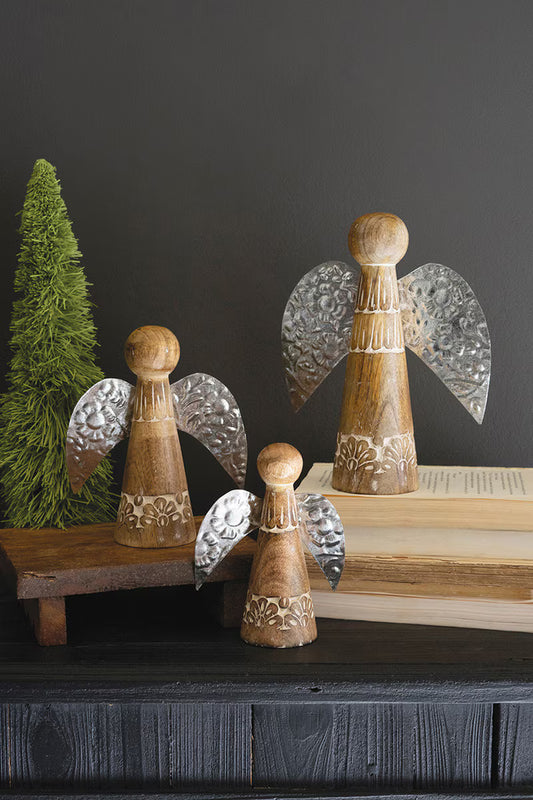 Set of 3 wood and tin tabletop Angels