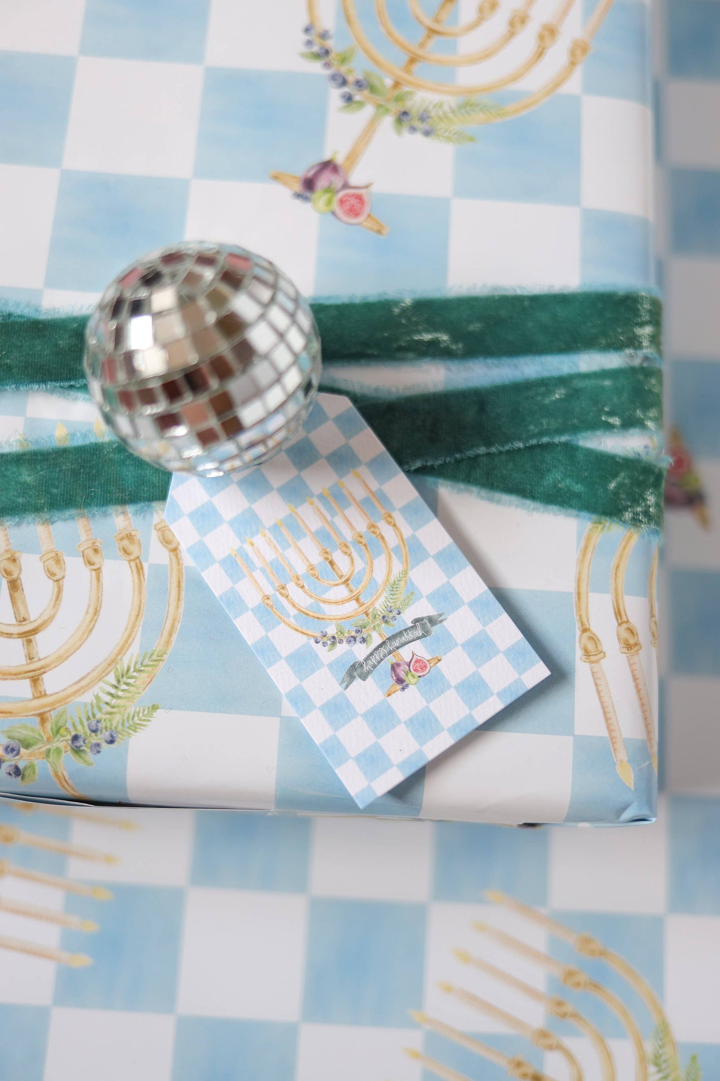 Blue checker print, menorah, Hanukkah, chic gift tag