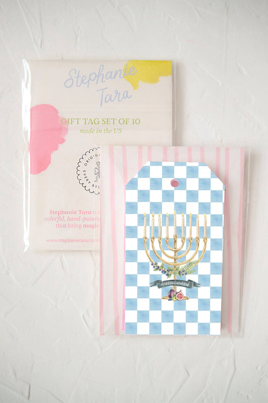 Blue checker print, menorah, Hanukkah, chic gift tag