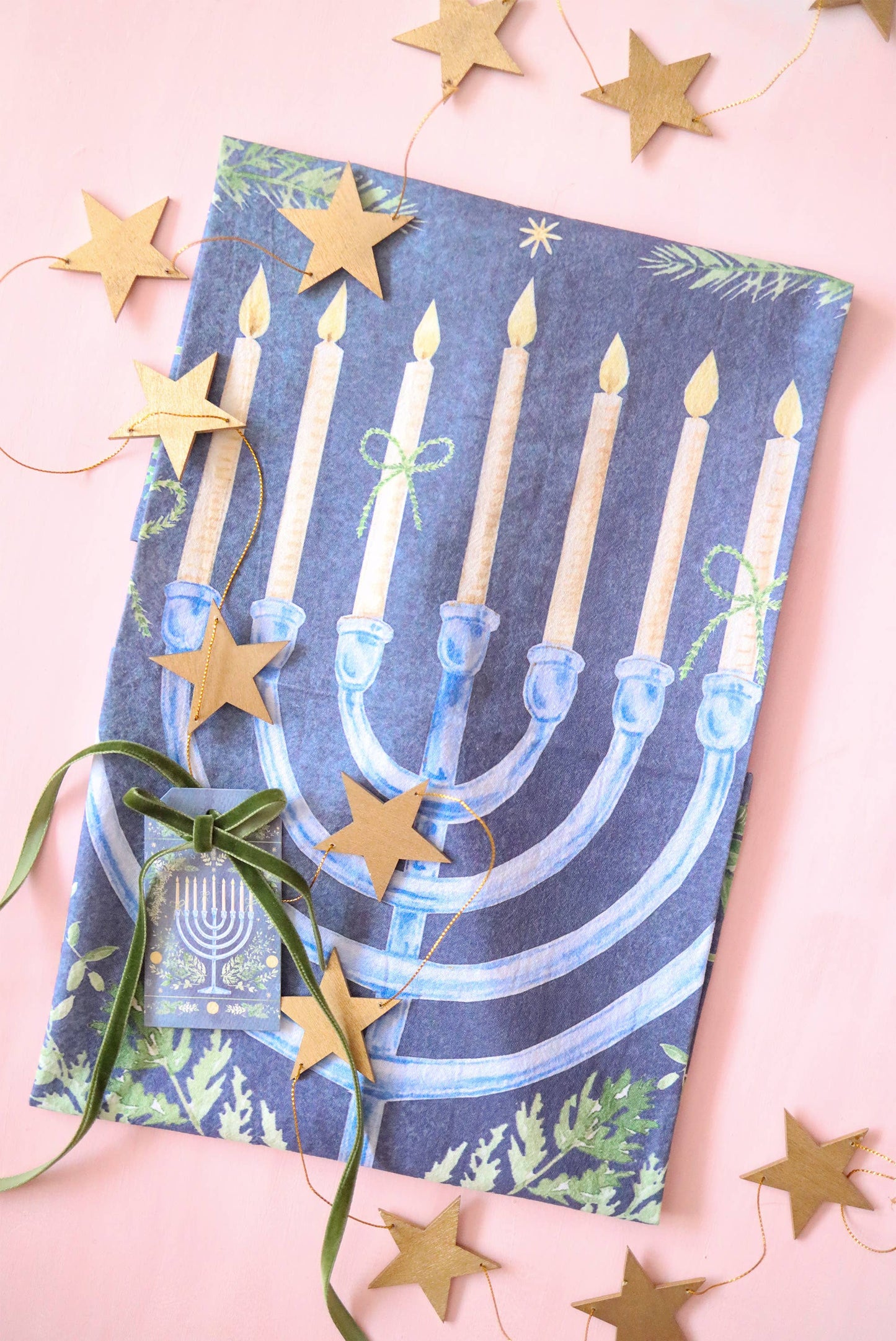 Blue Menorah cotton tea towel
