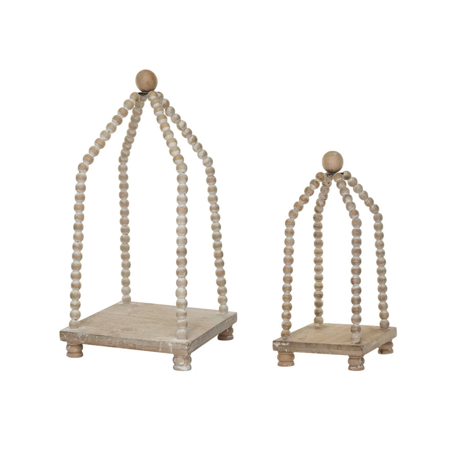 Wood Platforms w/ Wood Beads & Arches, Whitewashed, Set of 2