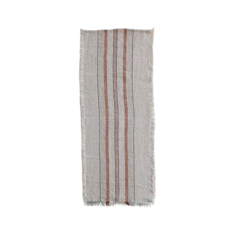 Woven Linen and Cotton Table Runner with Stripes and Fringe