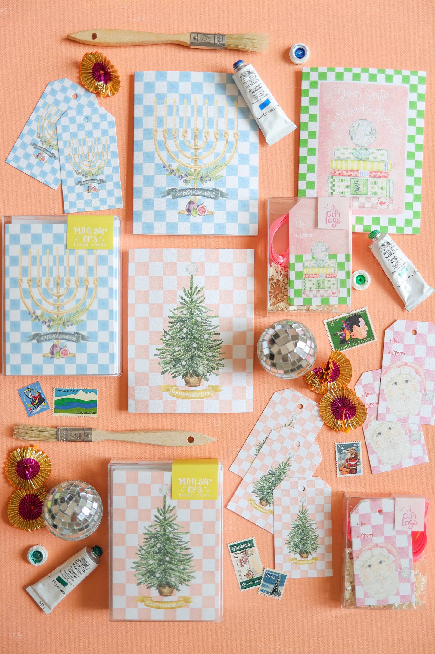 Blue checker print, menorah, Hanukkah, chic gift tag