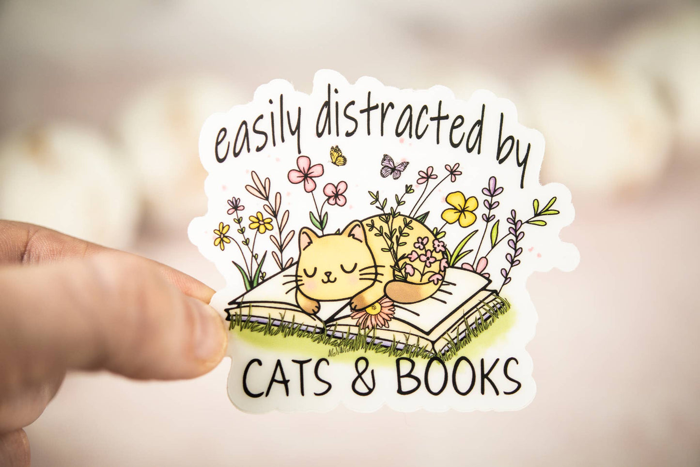 Easily Distracted By Cats & Books,  Vinyl Sticker, 3x3 in.
