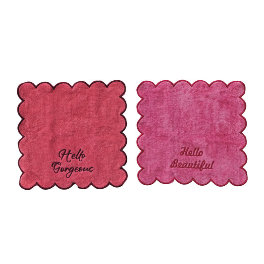 Cotton Terry Washcloths with embroidered saying and scapploiped edges, set of two