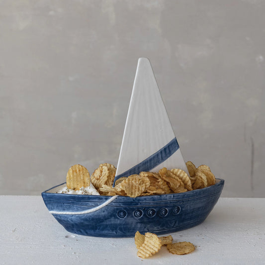 Stoneware Sailboat Shaped Chip and Dip with Removable Sail