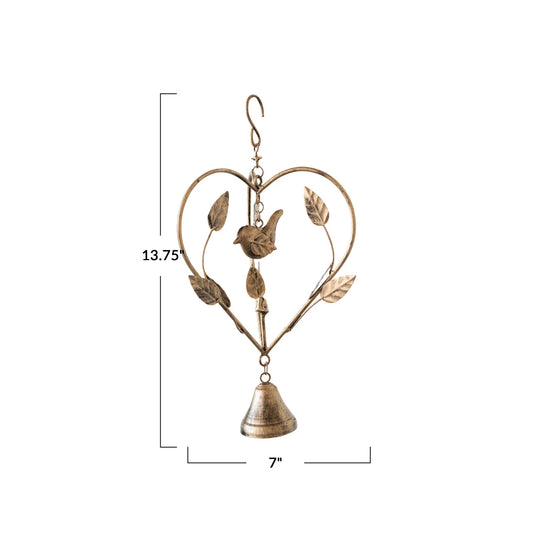 Hanging Metal Heart w Leaves Bird and Bell