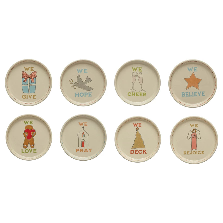 5” Round Stoneware plate with Holiday Icon and words, 8 styles