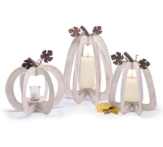 Distressed Cream Pumpkin Candleholder set of 3