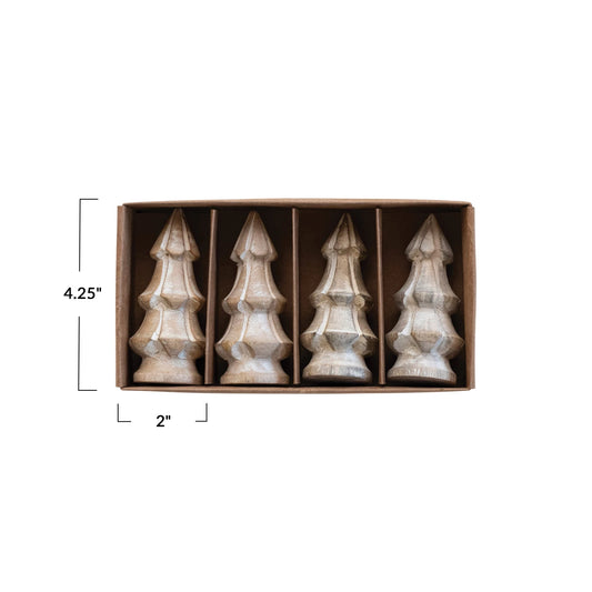 Carved Mango Wood Christmas trees, whitewashed set of 4
