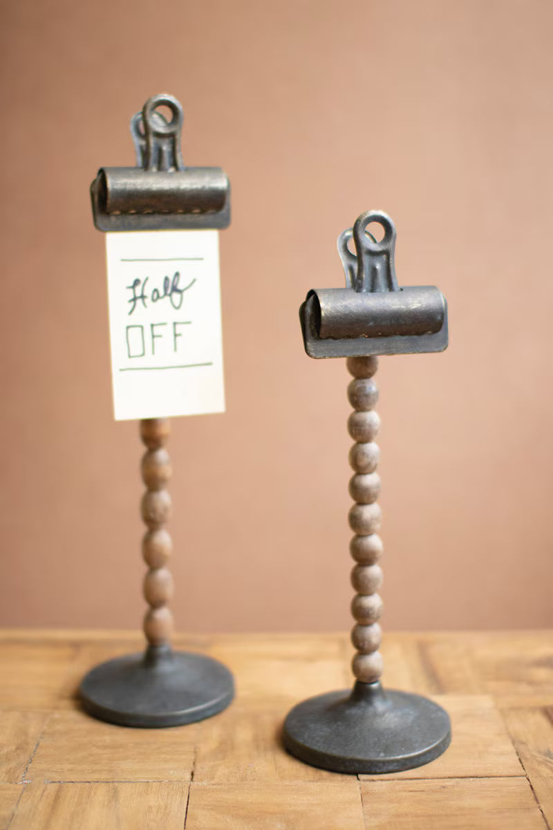 Set of two wood beads on base with clips