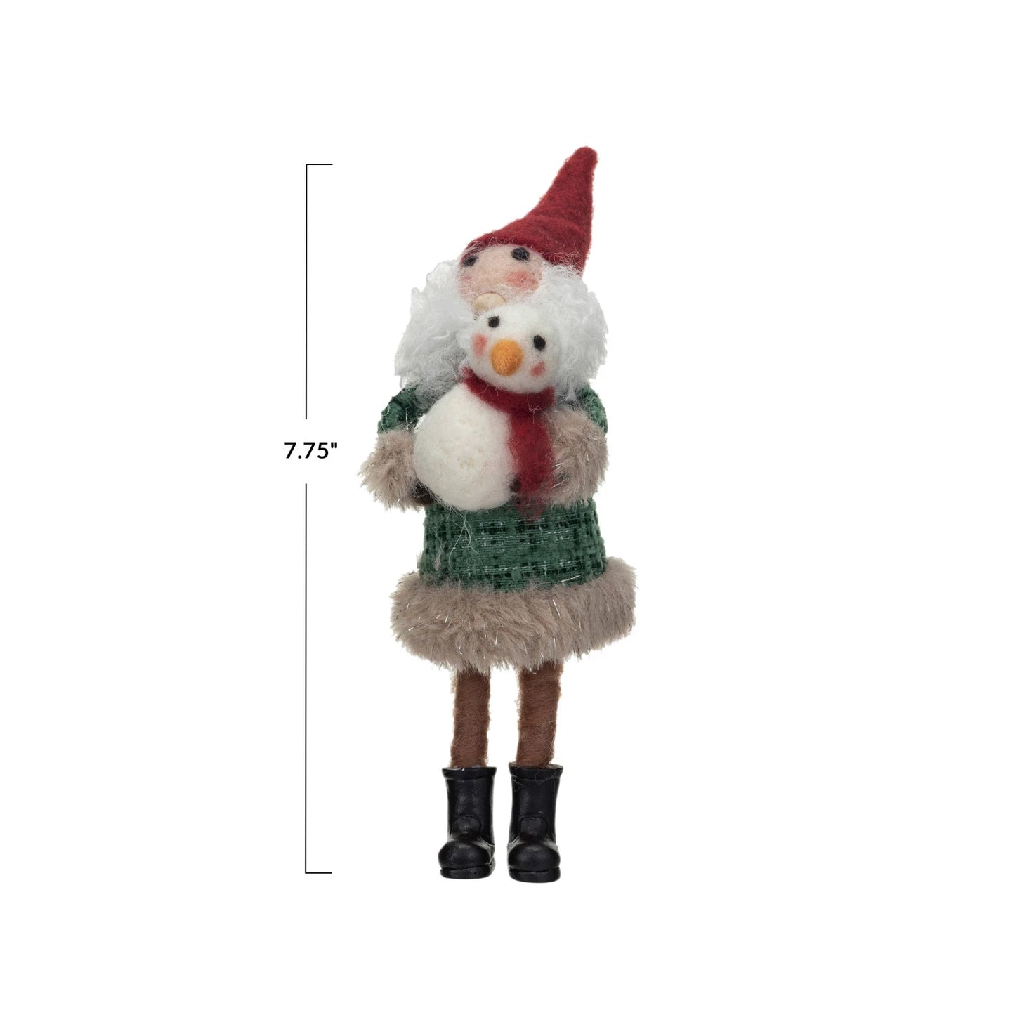 Wool Felt Santa in Plaid Winter Coat w/ Snowman