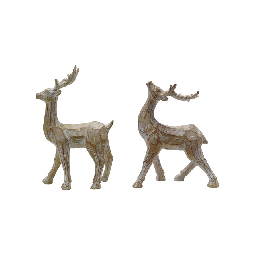 Resin standing deer whitewashed carved wood 2 styles