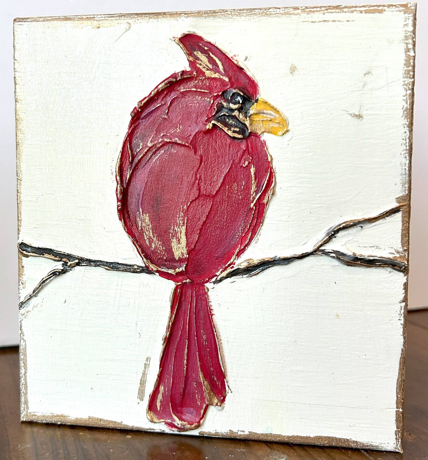 Cardinal  red bird  6x6 handmade, textured wood block