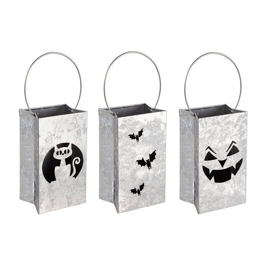 Diecut Galvanized Metal Lantern, 3 Asst, Bat/Cat/Jack-O-Lant