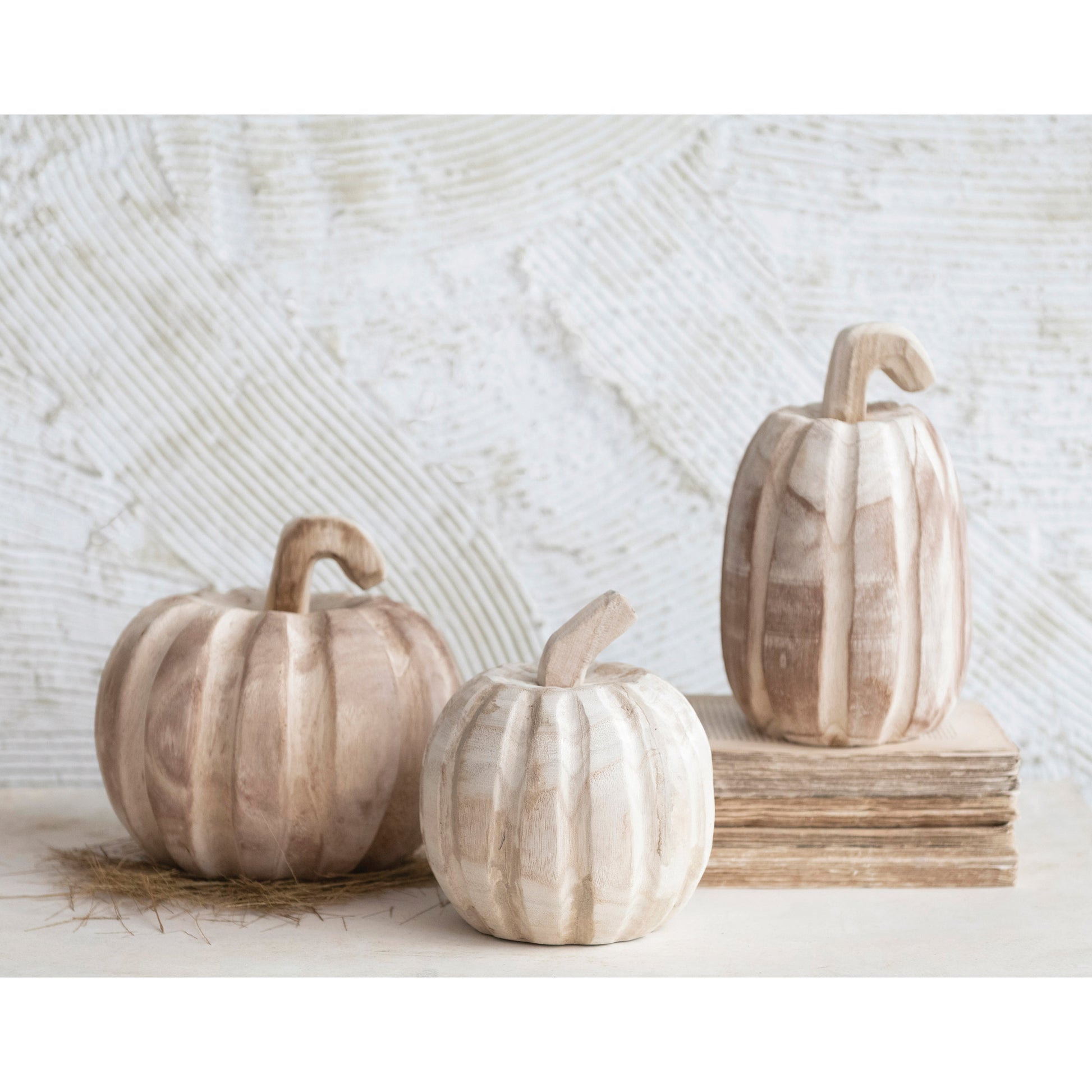 5" Round x 5"H Hand-Carved Paulownia Wood Pumpkin