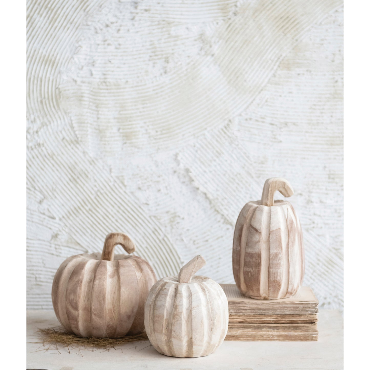 5" Round x 5"H Hand-Carved Paulownia Wood Pumpkin
