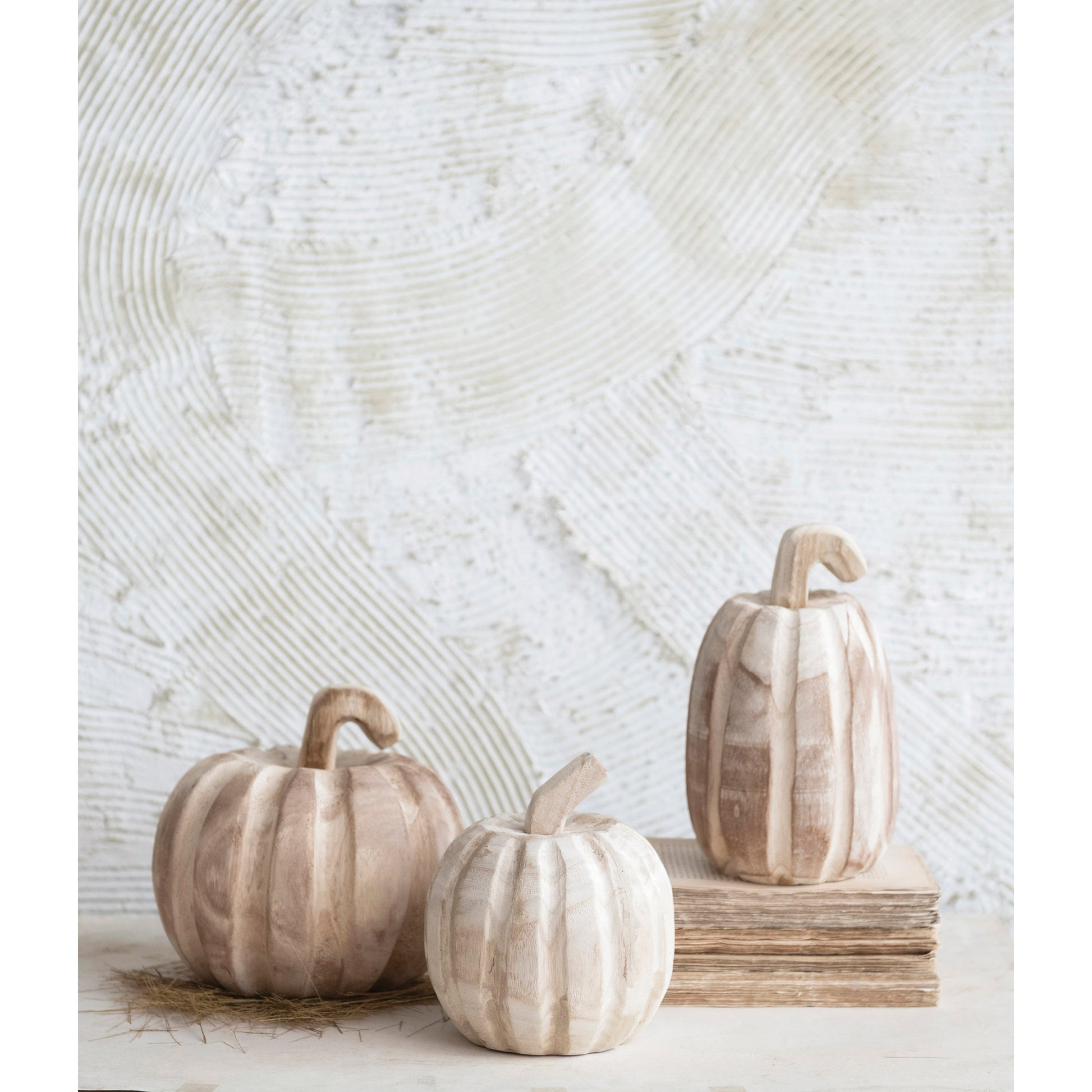 5" Round x 5"H Hand-Carved Paulownia Wood Pumpkin