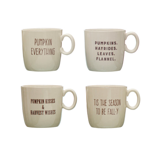 4&quot; Round x 4&quot;H 16 oz. Stoneware Mug w/ Fall Saying, Cream Color &amp; Brown, 4 Styles