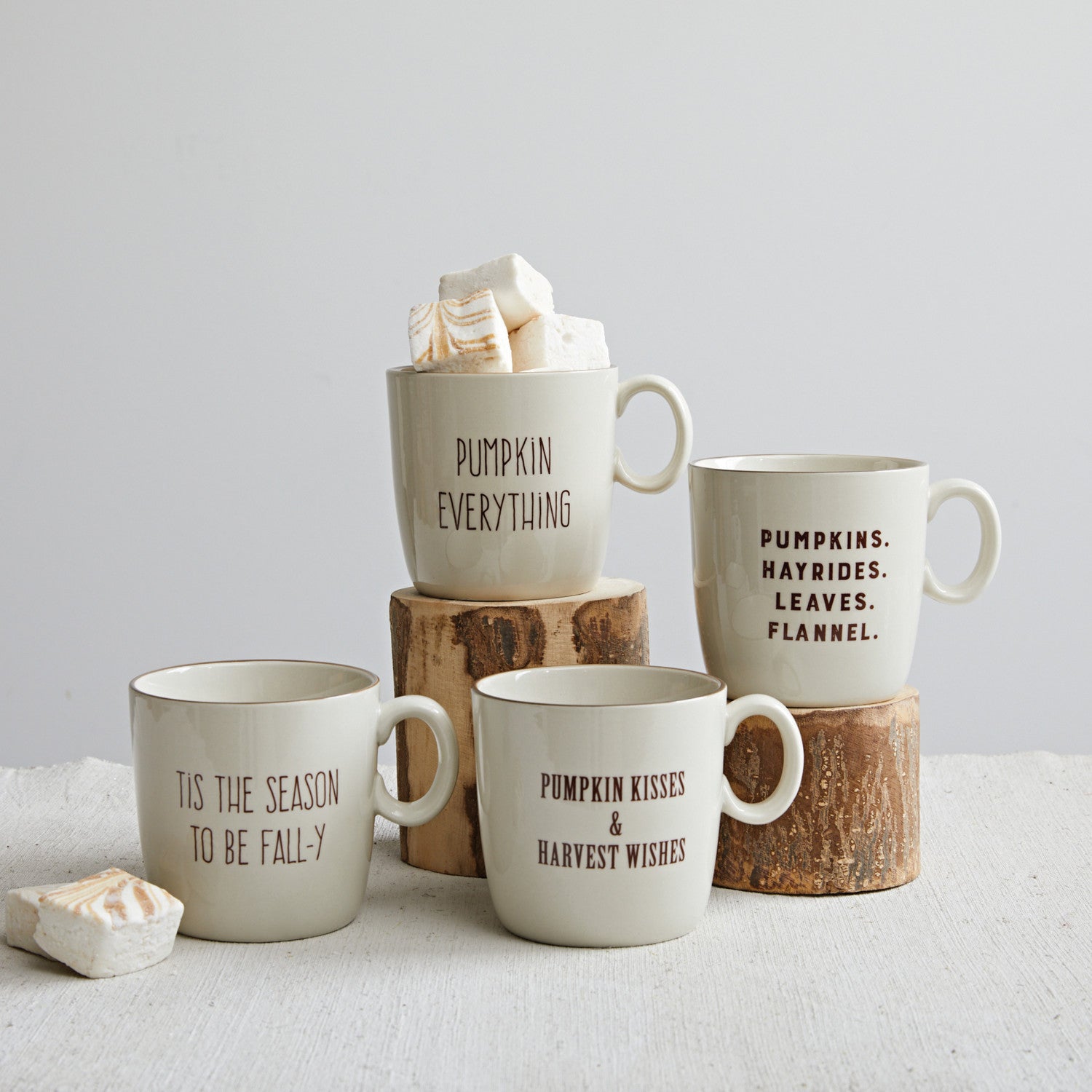 4&quot; Round x 4&quot;H 16 oz. Stoneware Mug w/ Fall Saying, Cream Color &amp; Brown, 4 Styles