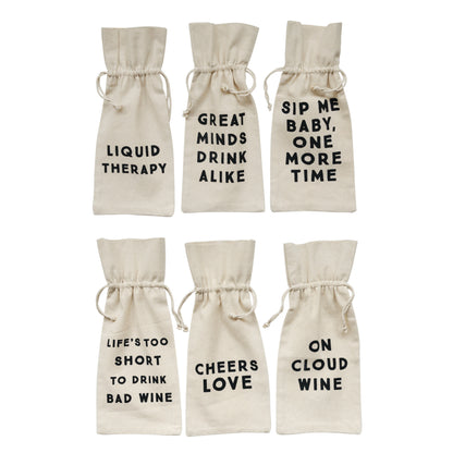 Cotton Wine Bag with Saying, 6 Styles