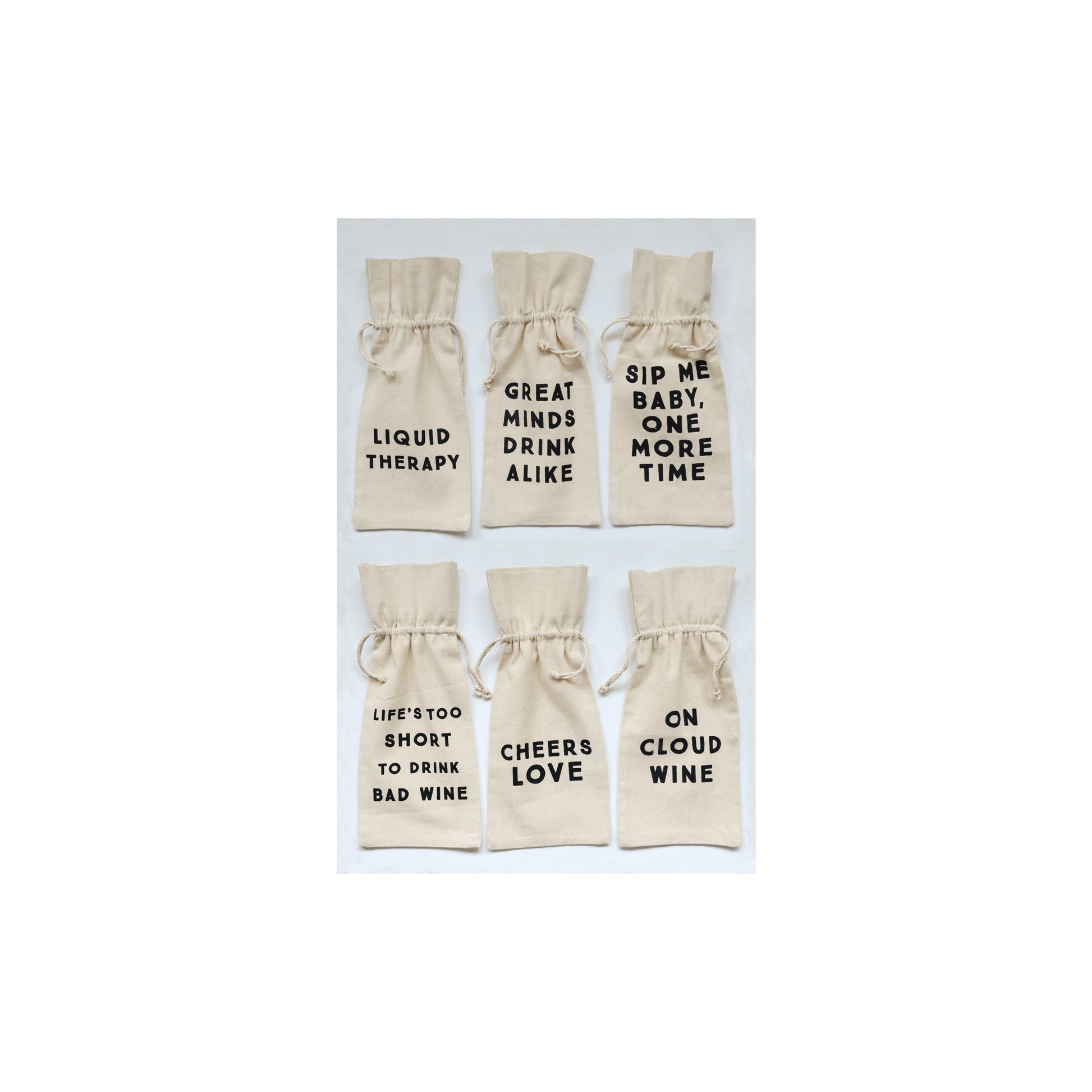 Cotton Wine Bag with Saying, 6 Styles