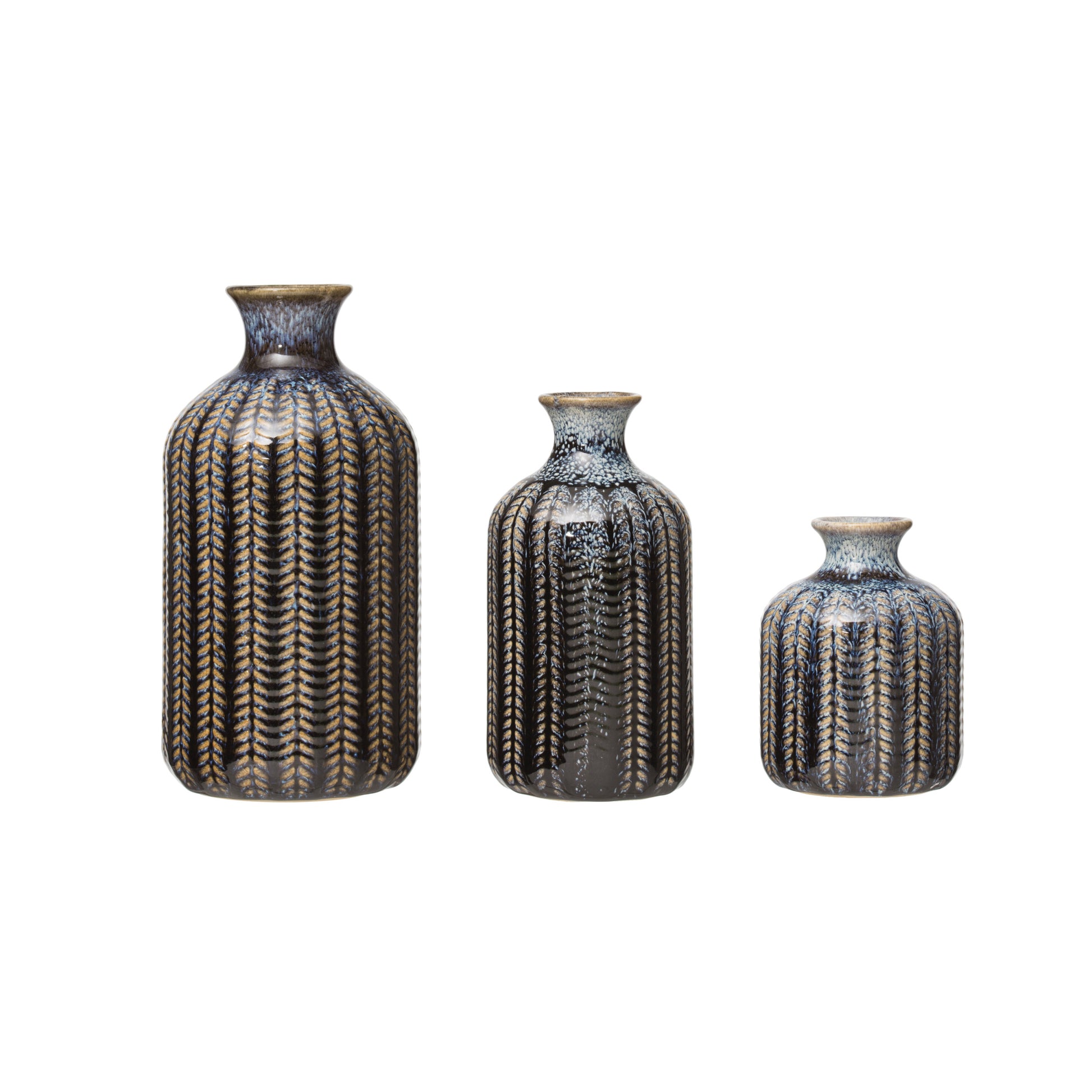 Embossed Stoneware Vases with Glaze, Set of 3