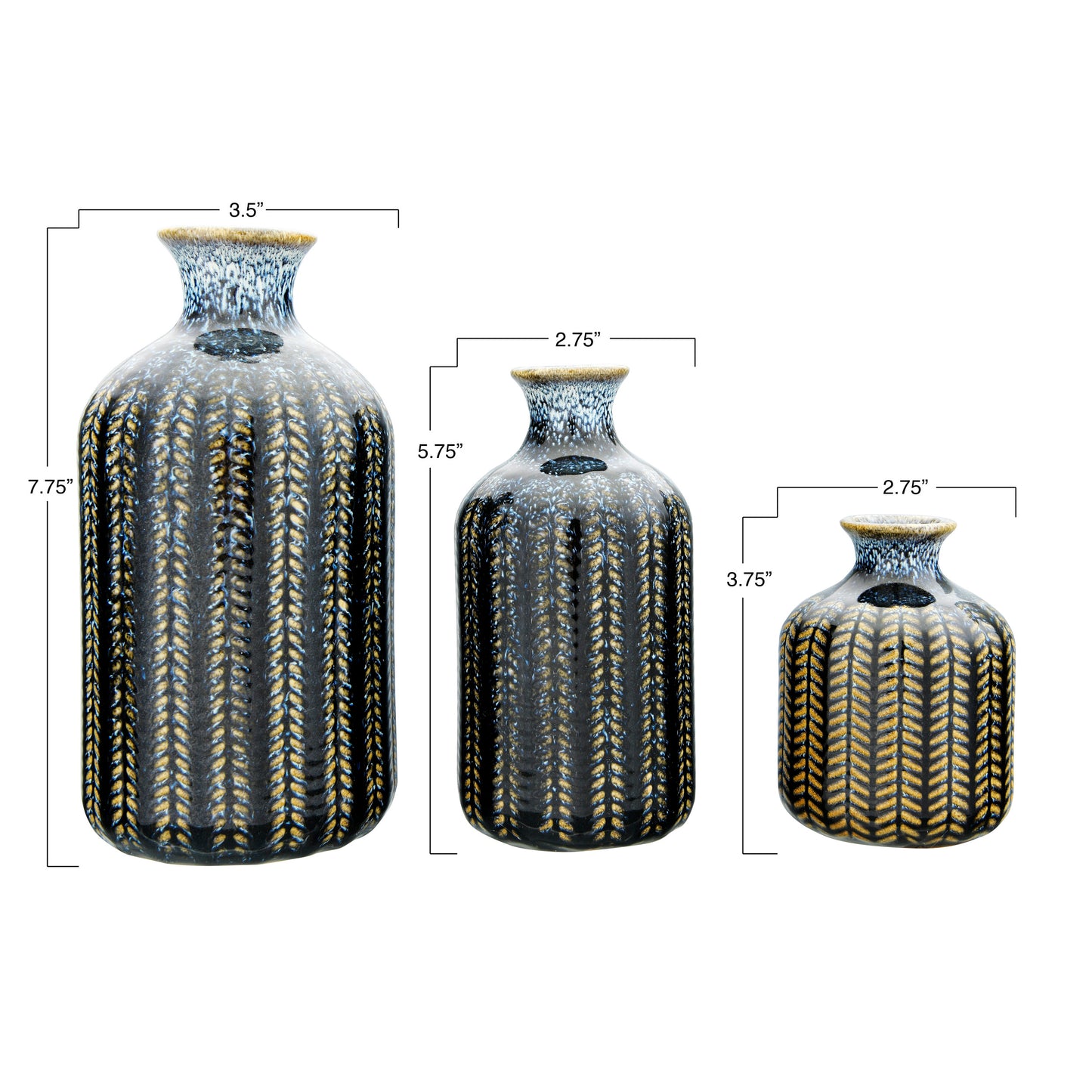 Embossed Stoneware Vases with Glaze, Set of 3