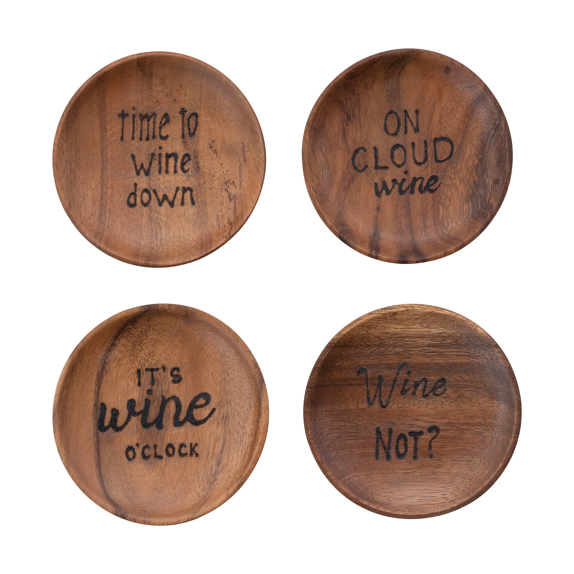 Acacia Wood Tapas Plates with Burned Wine Saying and Abaca Tie, Set of 4