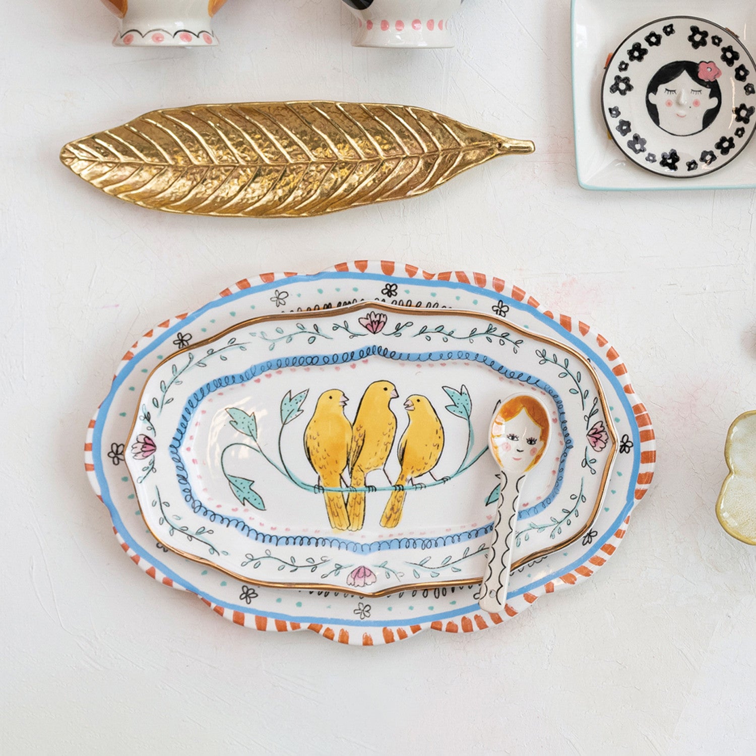 Decorative Ceramic Platter w/ Birds &amp; Gold Electroplated Rim, Multi Color