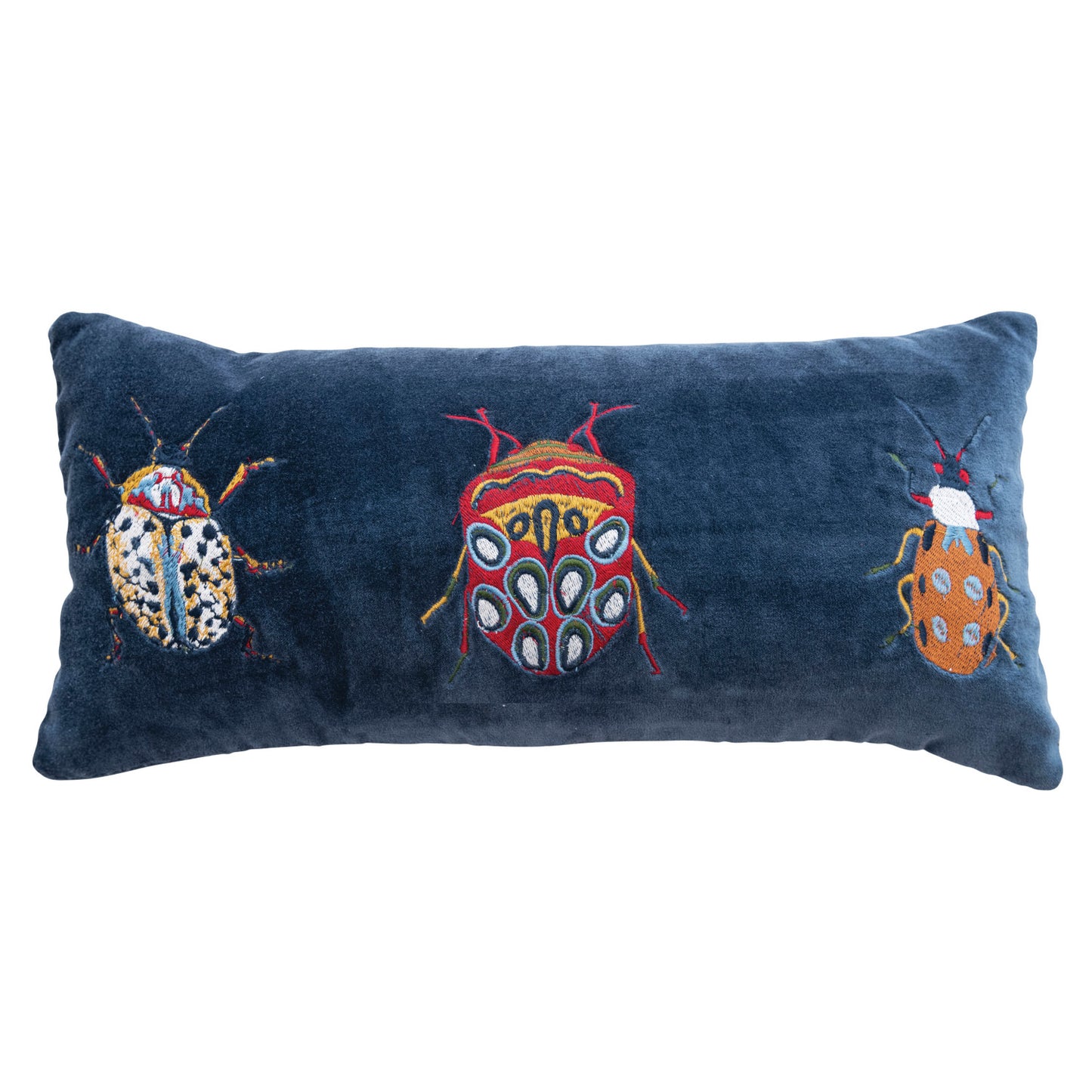Cotton Velvet Embroidered Lumbar Pillow w/ Beetles &amp; Chambray Back, Multi Color