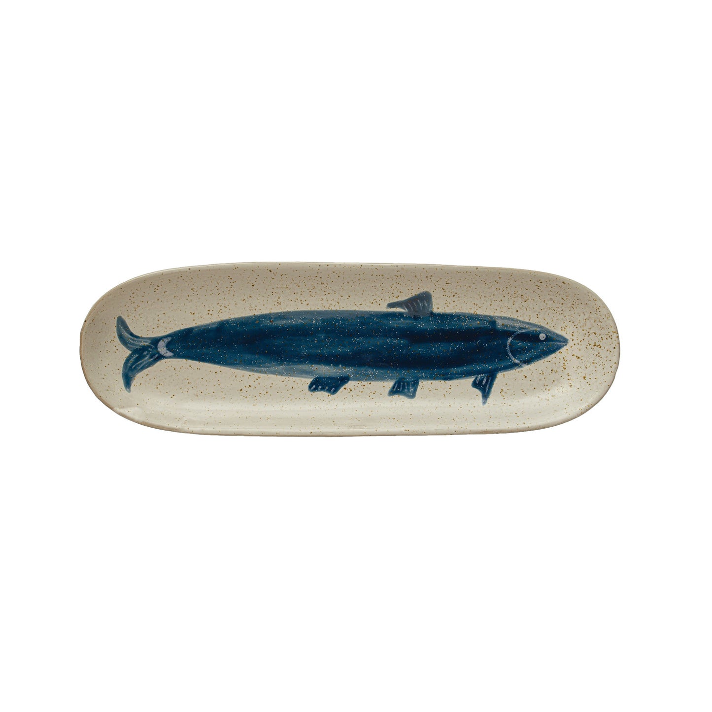 Hand-Painted Stoneware Platter w/ Fish, Reactive Glaze, Antique White &amp; Blue (Each One Will Vary)