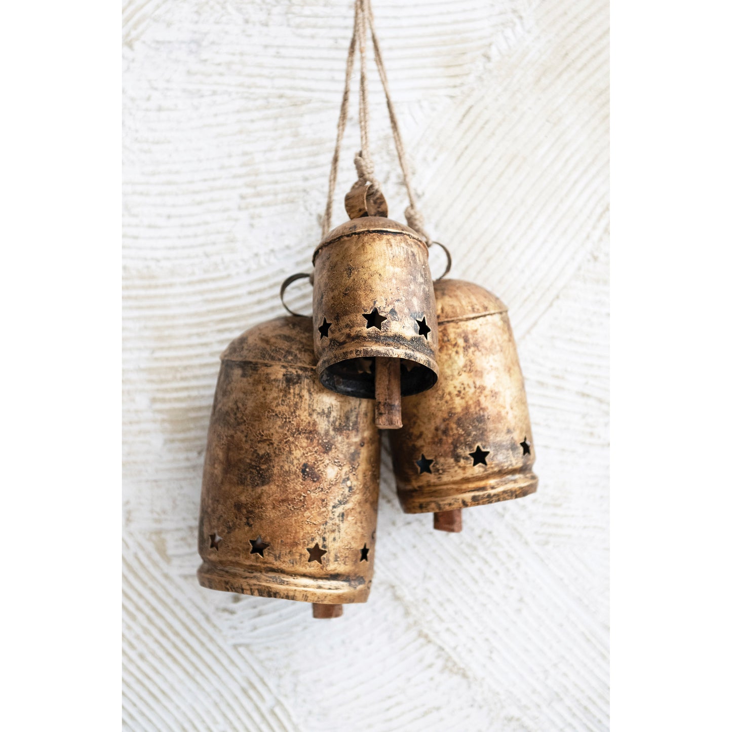 Metal Bell on Jute Rope with Star Cut-Outs, Heavily Distressed Antique Gold Finish