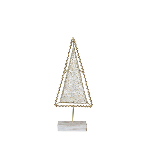 Metal &amp; Glass Beaded Tree w/ Sequins &amp; Mango Wood Base, Whitewashed &amp; Gold Finish