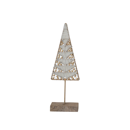 Metal &amp; Glass Beaded Tree w/ Sequins &amp; Mango Wood Base, Gold Finish